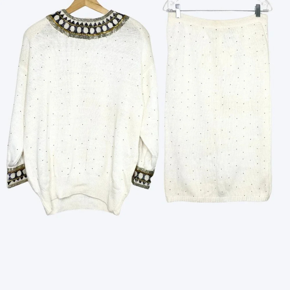 NWT Vintage Bonnie Boerer Art Deco Beaded Sweater Midi Skirt Set Medium White